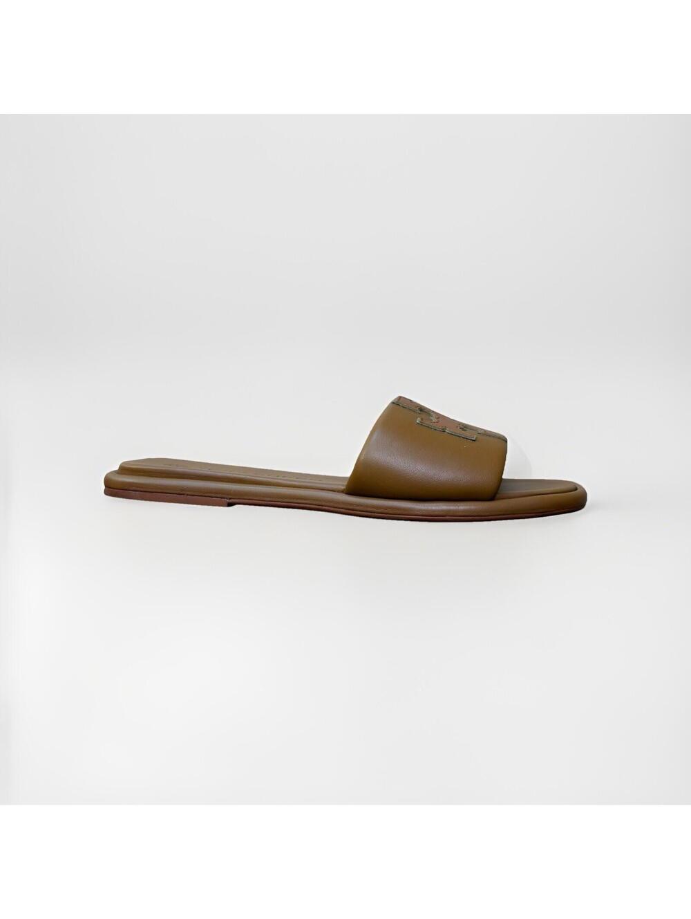 Tory Burch Ines Slide Sandals Brown Leather Double T Logo Women’s Size 9.5 M